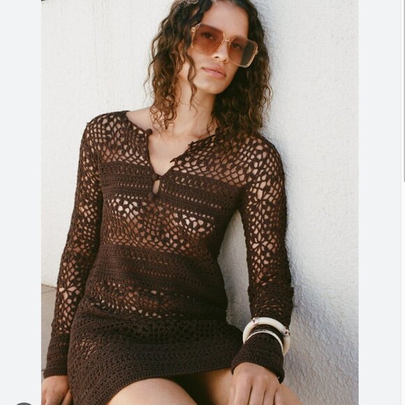 Zara Crochet Knit Long Sleeve Mini Dress NWT Brown Size Small - Picture 5 of 12